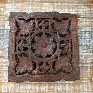 Vintage Wooden Hand Carved Trivet 6” By 6” Made In India